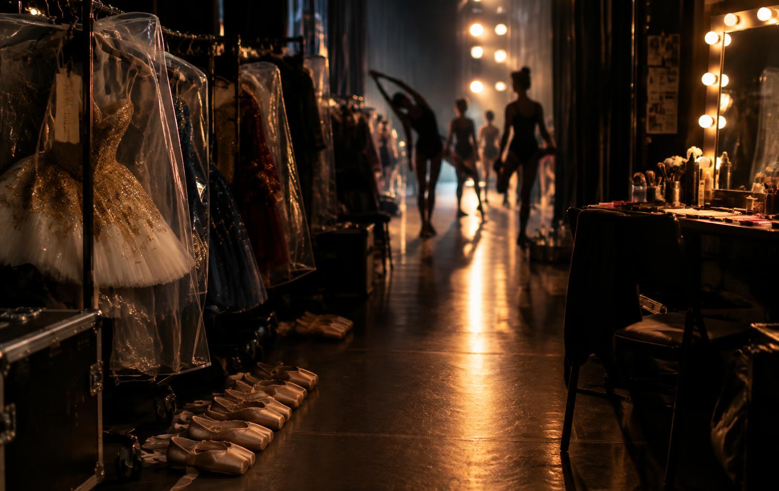 Camarín con tutus enfundados, zapatillas de punta y espejos de maquillaje antes de la función