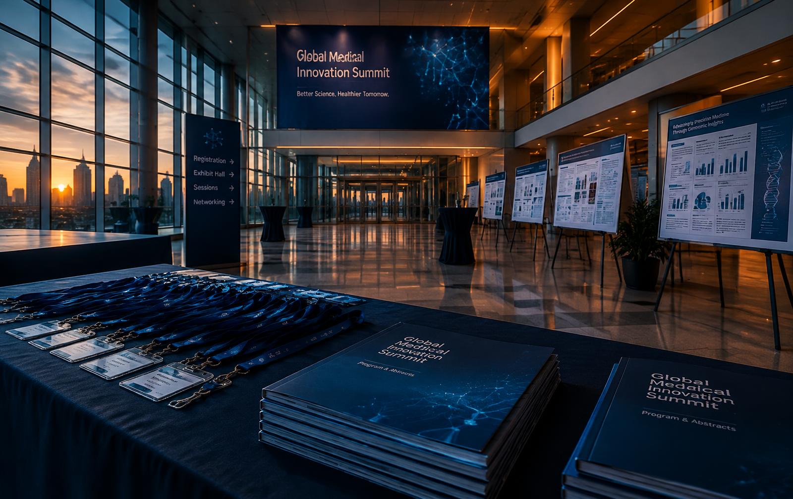 Hall de un congreso médico con acreditaciones y pósters científicos