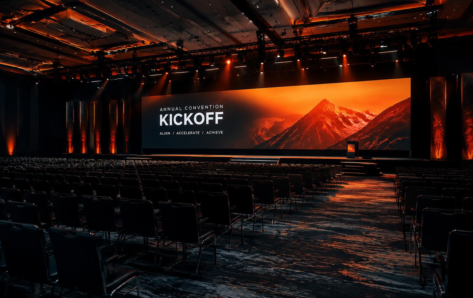 Gran salón de convención anual con pantalla LED antes de abrir puertas