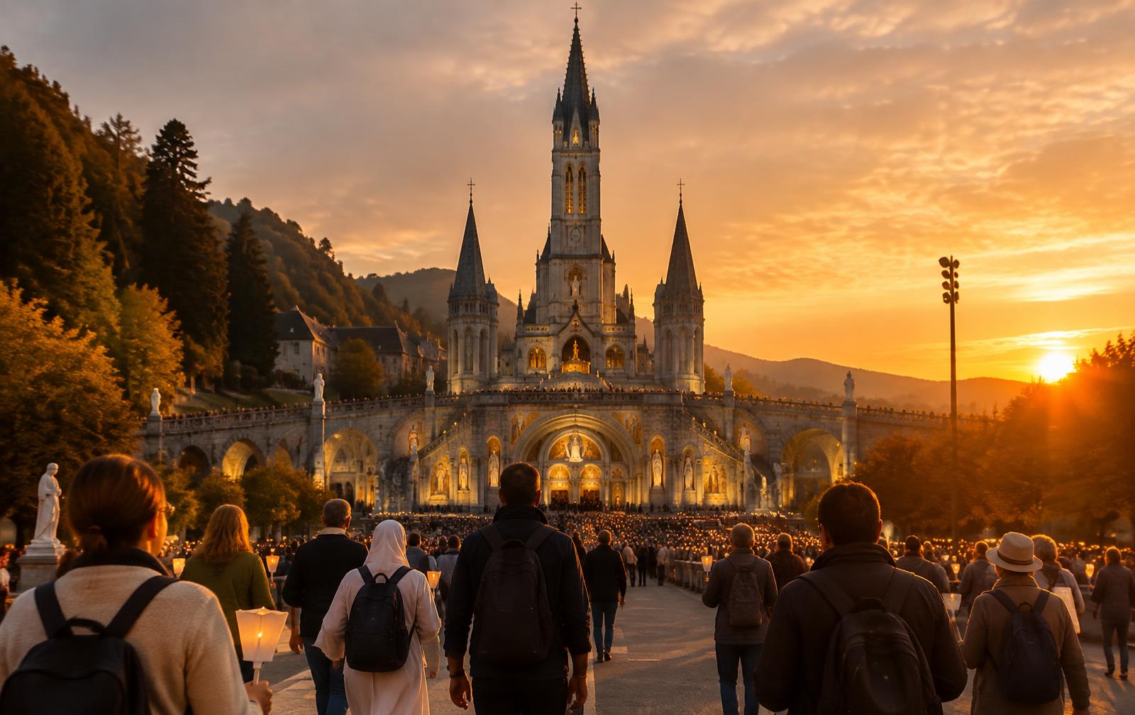 Peregrinos caminando hacia un santuario al atardecer