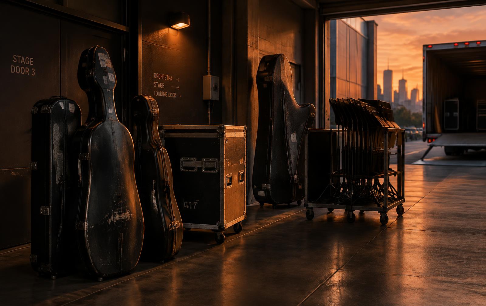 Estuches de violonchelo, contrabajo y arpa junto a atriles en el muelle de carga de una sala