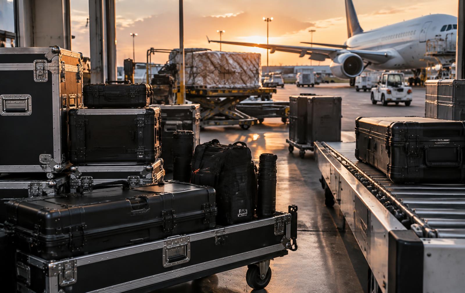 Cases de cámaras y equipaje técnico en aeropuerto