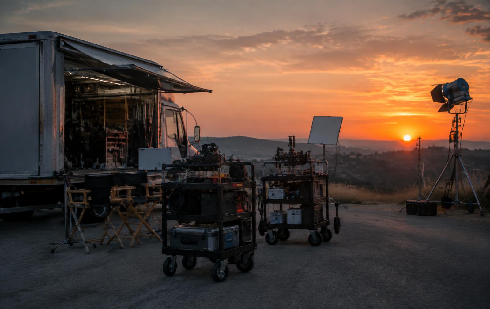 Base de rodaje al amanecer con camión de cámaras y equipos de luz