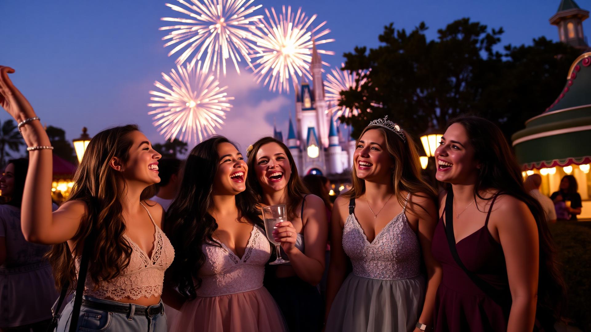 Grupo de quinceañeras festejando en un parque temático